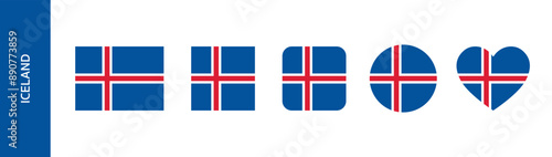 Iceland flag icon set. Icelandic flag in round and square set. Flag of Iceland in heart and circle