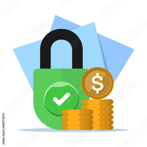 protect money safely concept, money account locked or blocked via padlock key access icon vector flat illustration, financial symbol closed or withheld, safe cash protection idea. vector illustration.