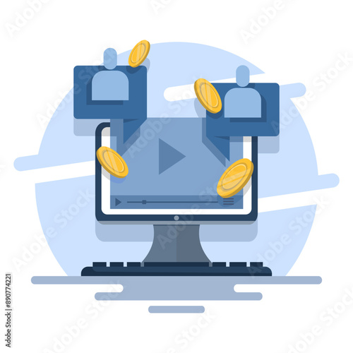 Concept create blog idea vlog make money, income monetize online icon illustration, social monetization chat digital marketing graphic design, internet web electronic media cash on laptop computer.