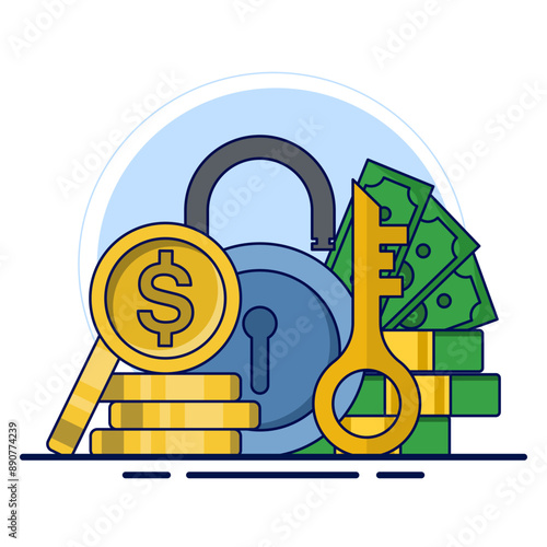 protect money safely concept, money account locked or blocked via padlock key access icon vector flat illustration, financial symbol closed or withheld, safe cash protection idea. vector illustration.