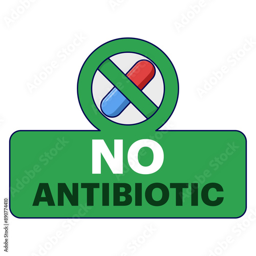 Concept No hormones, Certificate stamp. No hormones. Natural product. Fresh nutrition. Antibiotic-free healthy product. no antibiotics green flat banner on white background. Vector illustration.