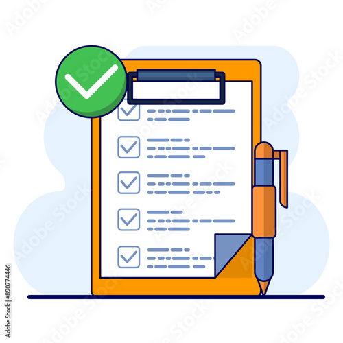 School exam results concept, educational quiz score passing checklist, checklist assignment plan survey, graphic document assessment report, interview recruitment document form. vector illustration.