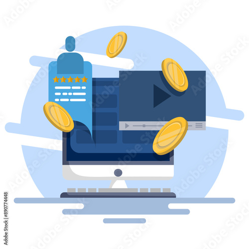 Concept create blog idea vlog make money, income monetize online icon illustration, social monetization chat digital marketing graphic design, internet web electronic media cash on laptop computer.