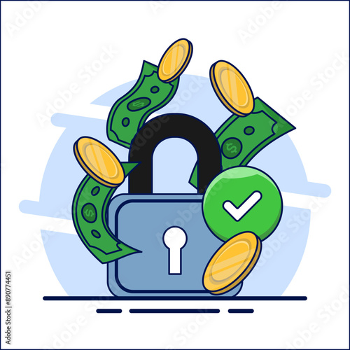 protect money safely concept, money account locked or blocked via padlock key access icon vector flat illustration, financial symbol closed or withheld, safe cash protection idea. vector illustration.
