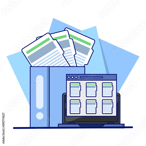 Folders with documents, file management administration, data archiving, electronic document management. Digital data files, storage systems, computer archives, information databases. flat vector.