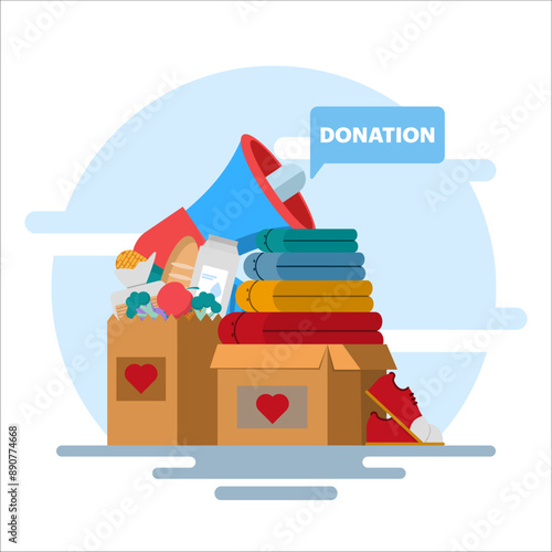 concept of online donation or charity participation, donation and volunteering. donated items in boxes. Human community, charity, aid, Volunteers donating goods or food. flat vector illustration.