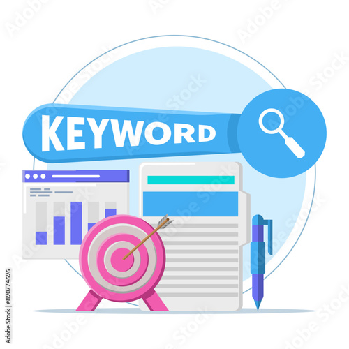 Keyword Research Tool concept, keyword analysis report, keyword analysis report, SEO keywords dominating search engine results, SEO keyword costs for digital advertising or pay per click campaigns.