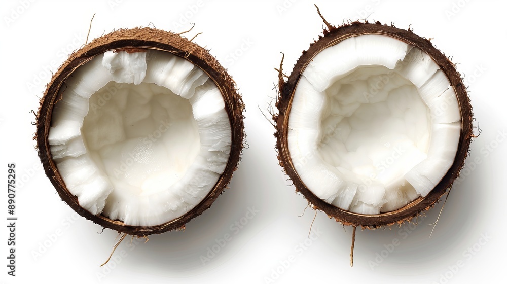 Two halves of a coconut isolated on a white background Two halves of a coconut isolated on a white background