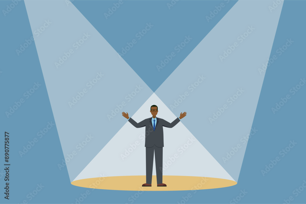 Obraz premium 8頭身のフラットデザインの黒人系男性ビジネスマン 舞台に立ちスポットライトの公演のイラスト