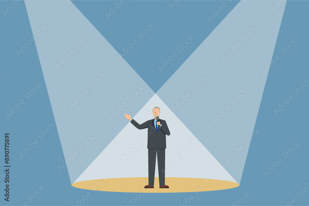 Obraz premium 8頭身のフラットデザインのシニアの白人系男性ビジネスマン 舞台に立ちスポットライトの公演のイラスト
