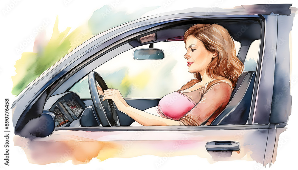 Pregnant woman driving car. Watercolor. Pregnant woman driving car. Watercolor.