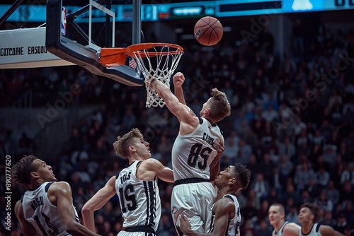 professional basketball player making a slam dunk on the court during a college game.