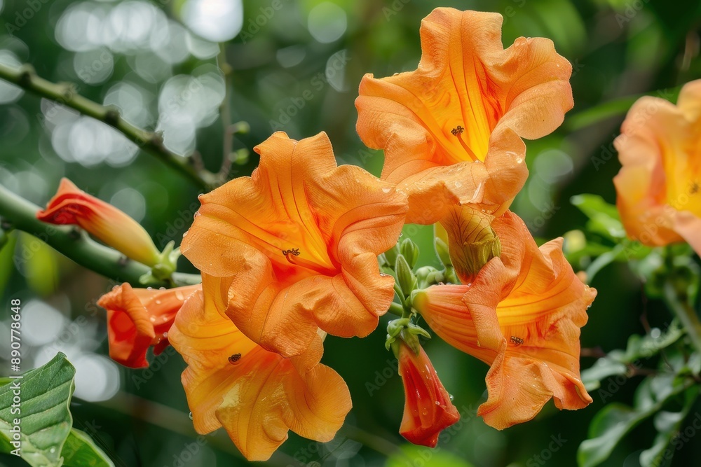 Chinese Trumpet Creeper displays vibrant orange trumpet shaped flowers up close A flowering plant in Chinese Trumpet Creeper displays vibrant orange trumpet shaped flowers up close A flowering plant in