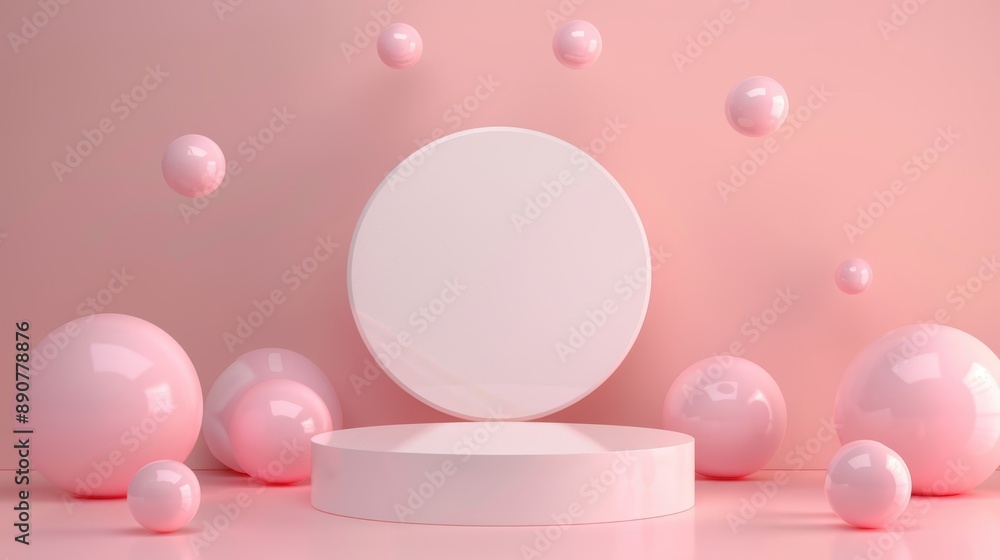 Minimalist 3D podium, white base, circular edge, pink balls, pink background, stylish and clean, diffused light, high clarity, pastel palette, precise lines, symmetrical form, smooth finish, artistic Minimalist 3D podium, white base, circular edge, pink balls, pink background, stylish and clean, diffused light, high clarity, pastel palette, precise lines, symmetrical form, smooth finish, artistic