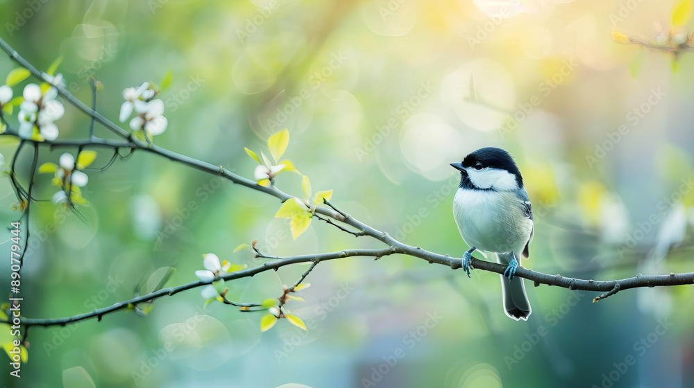 Beautiful songbird perched on a blooming branch with soft light and vibrant greenery in the background, capturing the essence of spring.