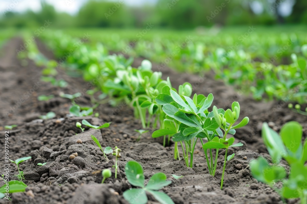 Pea Field. Rows of Green Pea Seedlings Growing in Agricultural Land Pea Field. Rows of Green Pea Seedlings Growing in Agricultural Land