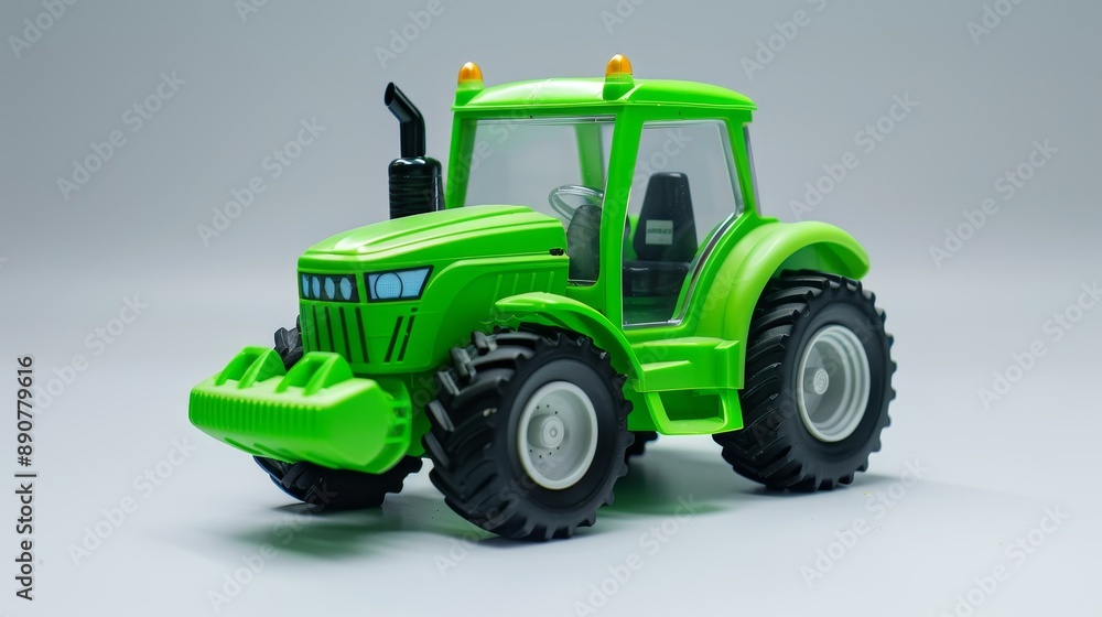 Obraz premium Green toy tractor on a white background. Plastic child toy. Construction vehicle. Toy tractor. 