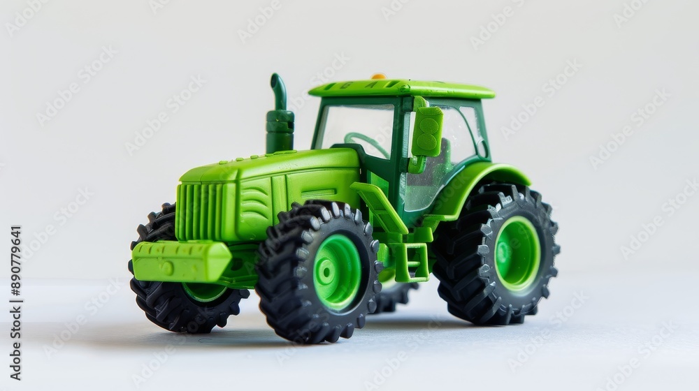 Obraz premium Green toy tractor on a white background. Plastic child toy. Construction vehicle. Toy tractor. 