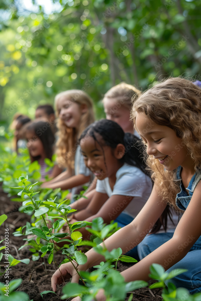 A group of smiling children are planting saplings in a garden, enjoying the outdoors and learning about nature. their enthusiasm and teamwork in a lush, green environment. A group of smiling children are planting saplings in a garden, enjoying the outdoors and learning about nature. their enthusiasm and teamwork in a lush, green environment.