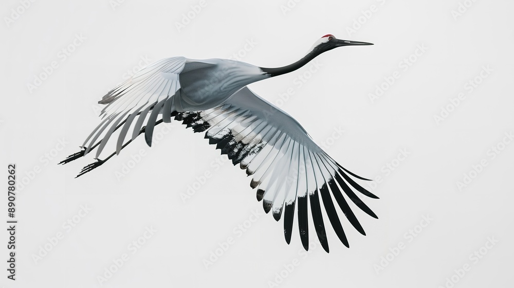 Obraz premium A realistic vector illustration of a graceful crane in flight, isolated on a simple white background.