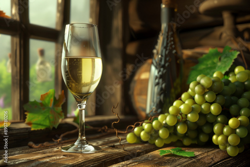 Close-up of a transparent glass of white wine, with a bottle of wine and a bunch of green grapes nearby, set on a rustic wooden table