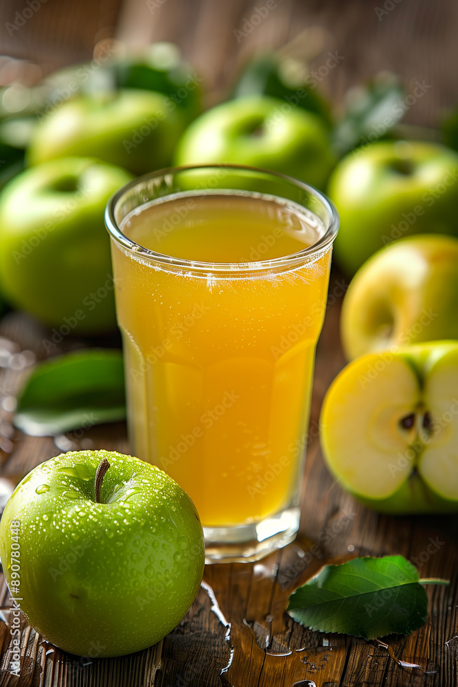 Glass of fresh apple juice, with green apples and apple slices surrounding it Glass of fresh apple juice, with green apples and apple slices surrounding it