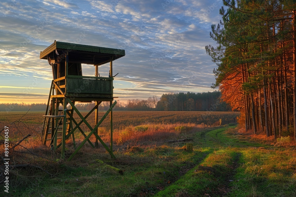 Deer Hunting Stand. Racked Cervid Hunter in Tree Stand Hide at Sunset in Czech Republic Deer Hunting Stand. Racked Cervid Hunter in Tree Stand Hide at Sunset in Czech Republic