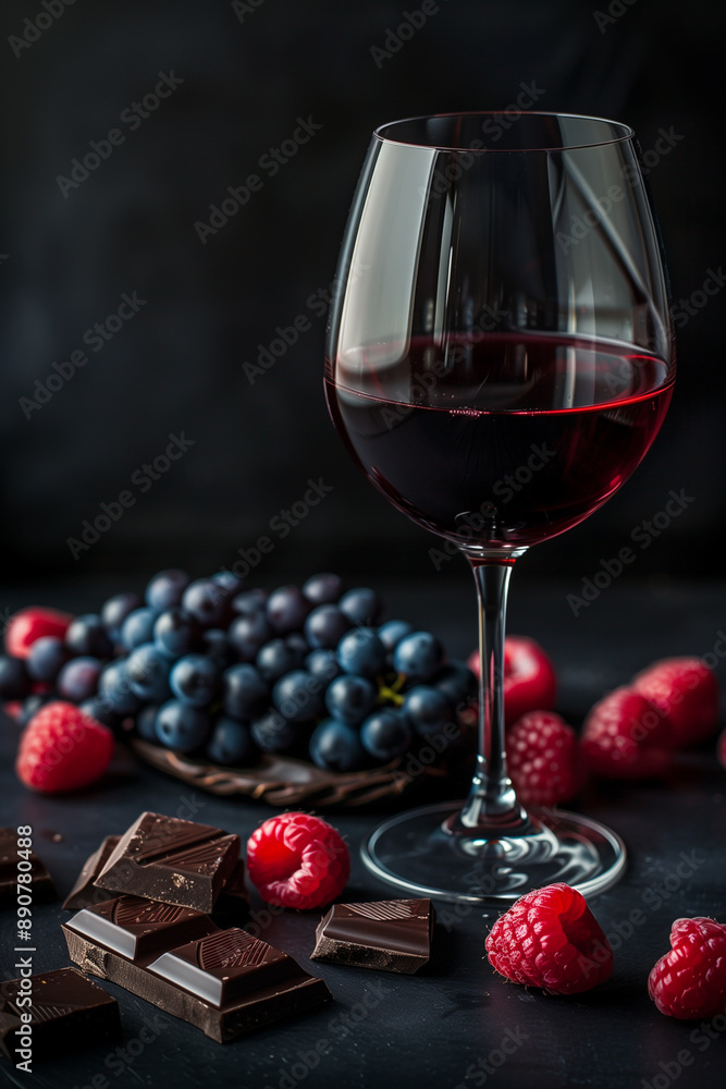 Glass of rich red wine, with an assortment of dark chocolate and berries, set on a sleek black table Glass of rich red wine, with an assortment of dark chocolate and berries, set on a sleek black table