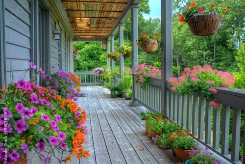 Deck Flowers. American Home Building Design with Vibrant Colors on Wooden Deck