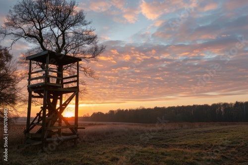 Deer Hunting Stand. Racked Cervid Hunter's Tree Stand in High Forested Hide at Czech Republic Sunset © Popelniushka