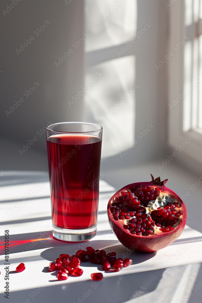 Transparent glass of pomegranate juice, with a halved pomegranate and scattered seeds around, on a clean white table Transparent glass of pomegranate juice, with a halved pomegranate and scattered seeds around, on a clean white table
