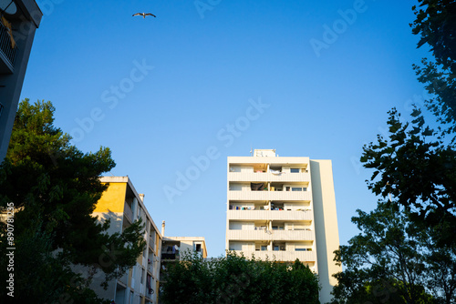 tower sky facade blue design perspective vegetation photo