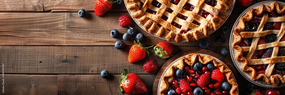 Variety Of Pies. Top View of Homemade Autumn Fruit Pies with Lattice Crust Variety Of Pies. Top View of Homemade Autumn Fruit Pies with Lattice Crust