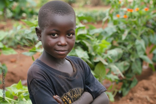 Africa Farming: Candid Moment of a Black Boy in Agriculture, African Children Working in the Fields photo