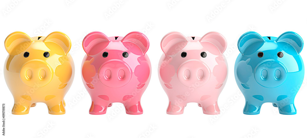 Set of front view of yellow, pink and blue piggy bank isolated on transparent background. Set of front view of yellow, pink and blue piggy bank isolated on transparent background.
