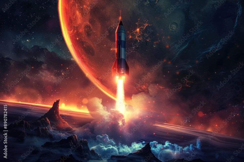 Mission To Mars. Astronaut Challenger on Rocket Launch to Red Planet Mars in Cosmos Mission To Mars. Astronaut Challenger on Rocket Launch to Red Planet Mars in Cosmos