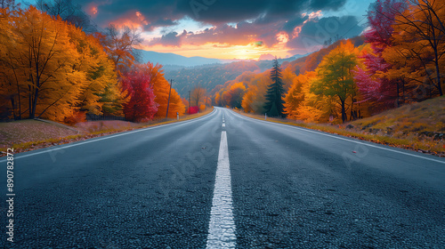 Asphalt road landscape at sunset in beautiful Autumn landscape