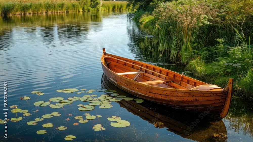 Wooden boat on calm river surrounded by greenery and water lilies Wooden boat on calm river surrounded by greenery and water lilies