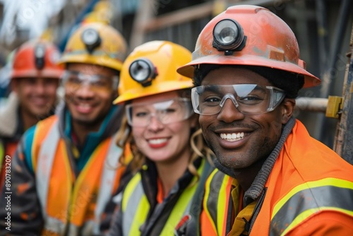  A group shot of a team of diverse construction workers smiling and working together on a job site.