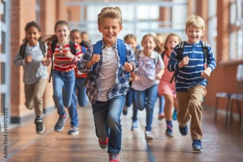 Children running happily through school hallways, capturing the excitement and energy of back-to-school fun. © Yuliia