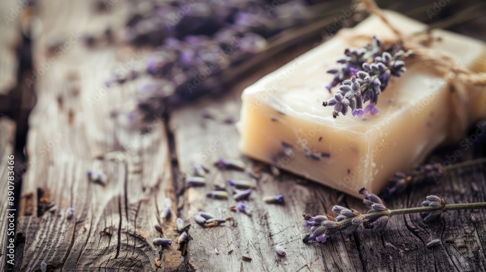Handcrafted lavender soap on rustic wooden background with fresh sprigs Handcrafted lavender soap on rustic wooden background with fresh sprigs