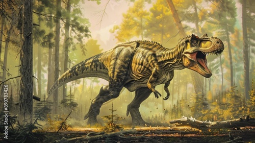 Dinosaur Poster. Illustration of Funny Dinosaur in Forest: Primitive Times Fun