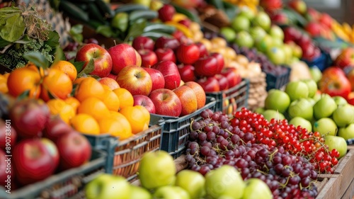 Fresh fruits on display at market stall Apples, oranges, grapes, and more in vibrant colors