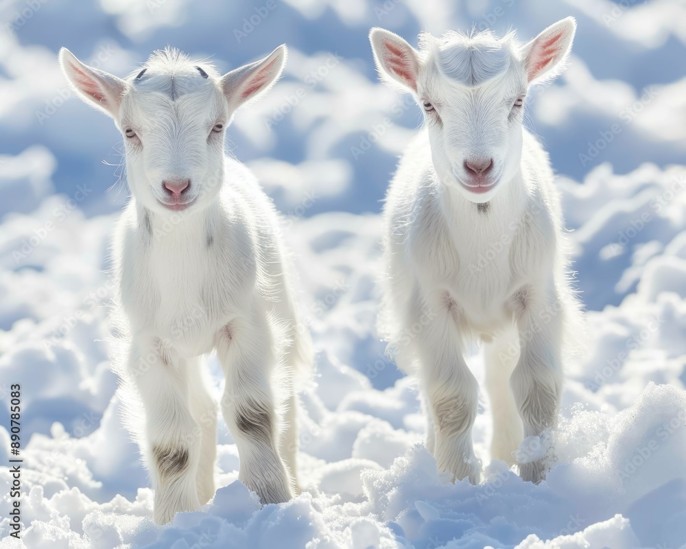 Fototapeta premium Goats in the Snow. Charming Winter Scene with White Baby Goats