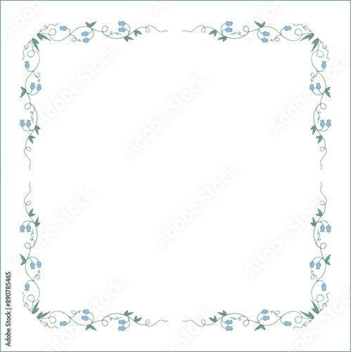 Green floral frame with blue bluebell flowers, bluebells decorative corners for greeting cards, banners, business cards, invitations, menus. Isolated vector illustration.	