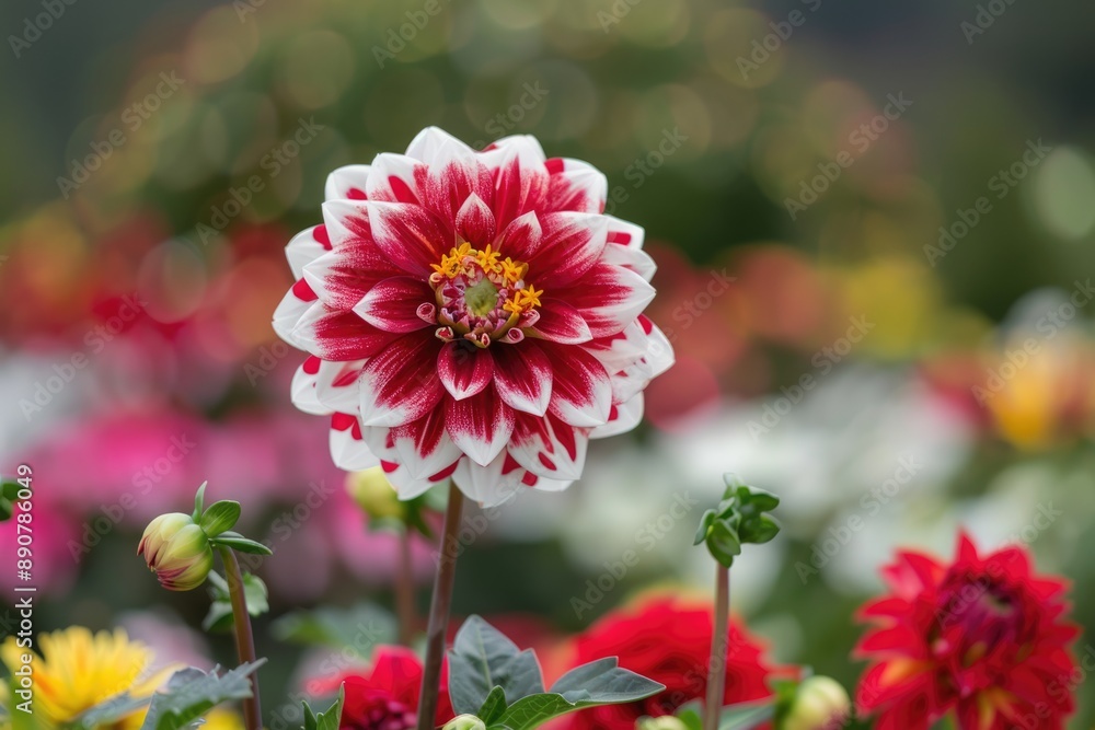 Tartan Border. Close-up of White Flowering Dahlia 'Tartan' in Garden Flower Border Tartan Border. Close-up of White Flowering Dahlia 'Tartan' in Garden Flower Border