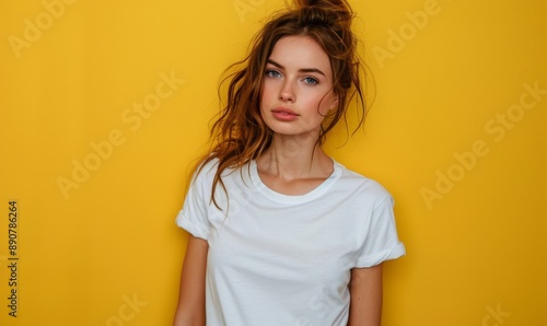 Young woman wearing bella canvas white shirt mockup, at yellow background. Design tshirt template, print presentation mock-up, Generative AI