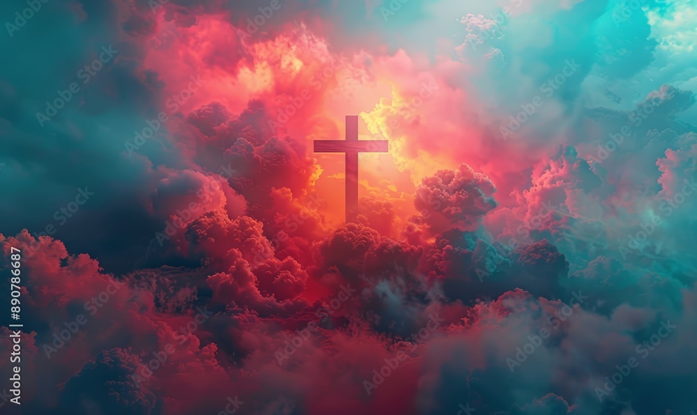 jesus-cross-symbol-on-colorful-clouds-background-generative-ai