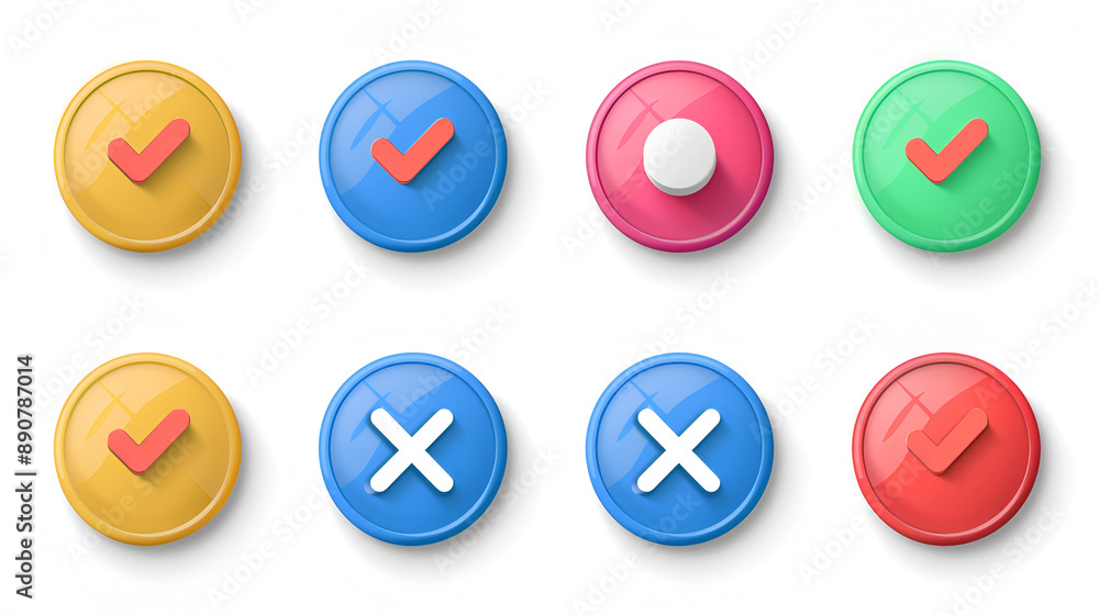 X, exclamation point, and flat round check mark icon set. X, exclamation point, and flat round check mark icon set.