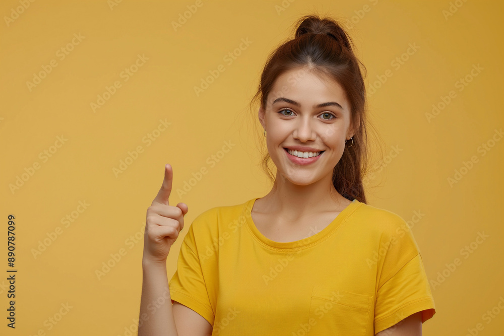 The girl points her finger to the side. Isolated background. Layout for advertising The girl points her finger to the side. Isolated background. Layout for advertising